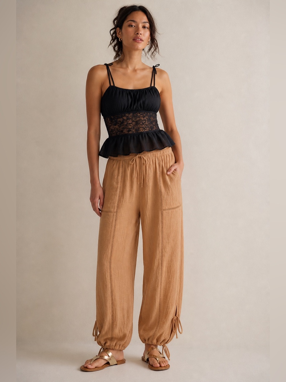 torrid Pull-On 100% Cotton Relaxed Jogger Tan Wide-Leg Drawstring Cargo Pants